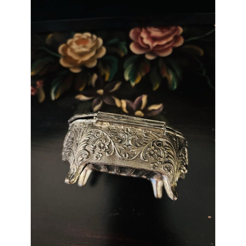 Vintage Floral Repoussé Metal Trinket Box with Red Velvet Lining Japan